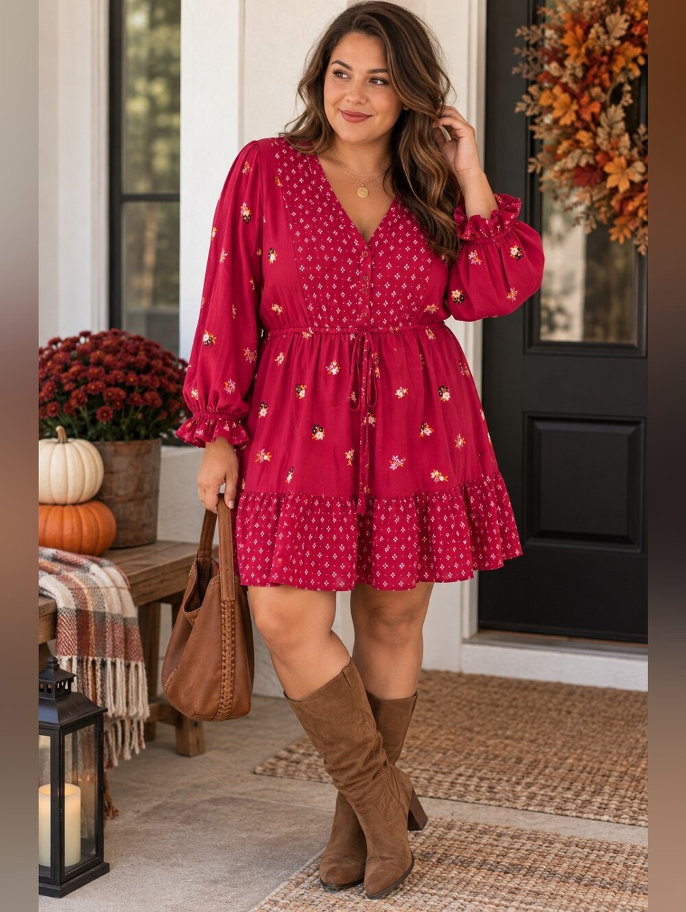 Old Navy XL Berry Floral Boho Tiered Long Sleeve Dress